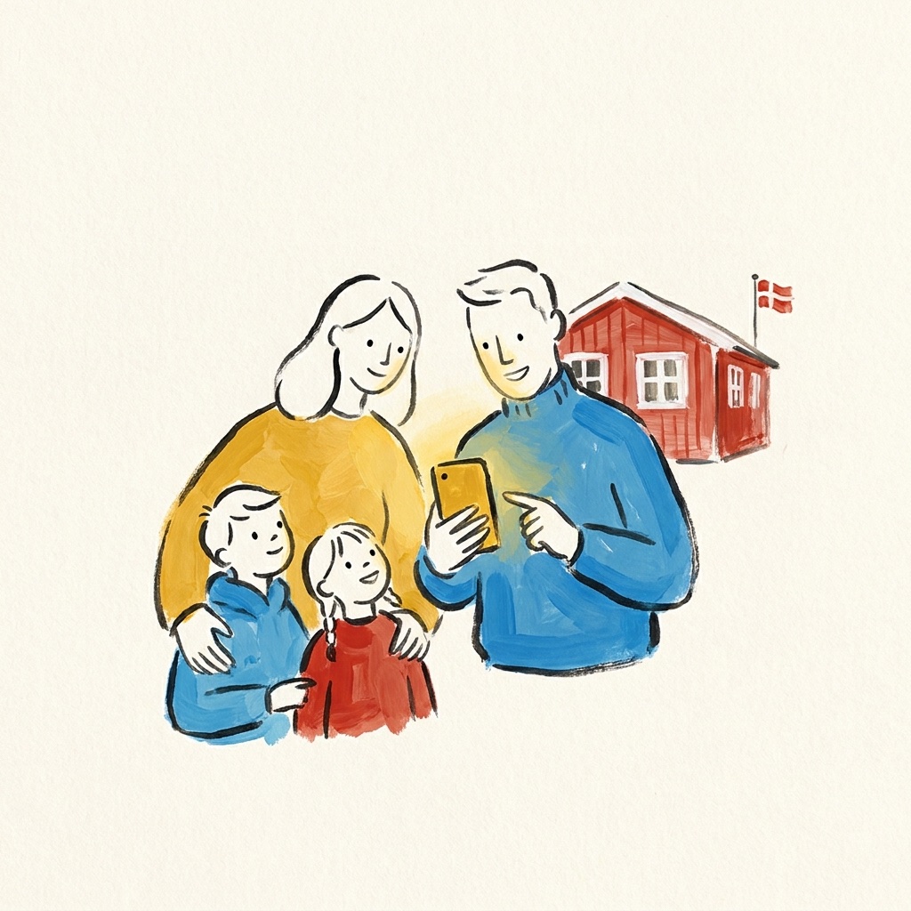 En familie står samlet om én telefon med varmt lysende skærm foran et rødt sommerhus med Dannebrog