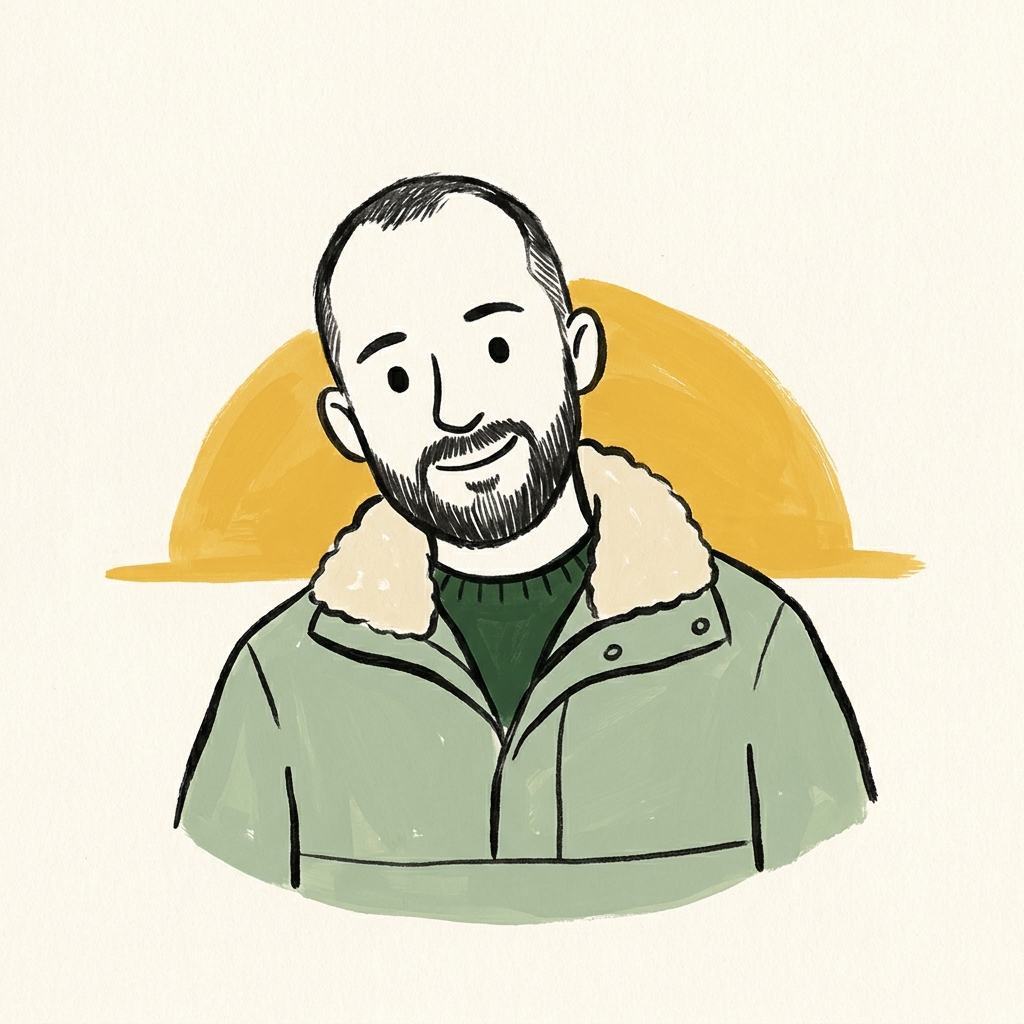 En venlig karikaturtegning af Beni med kort mørkt hår, kortklippet skæg og lys anorak, malet i sitets illustrationsstil