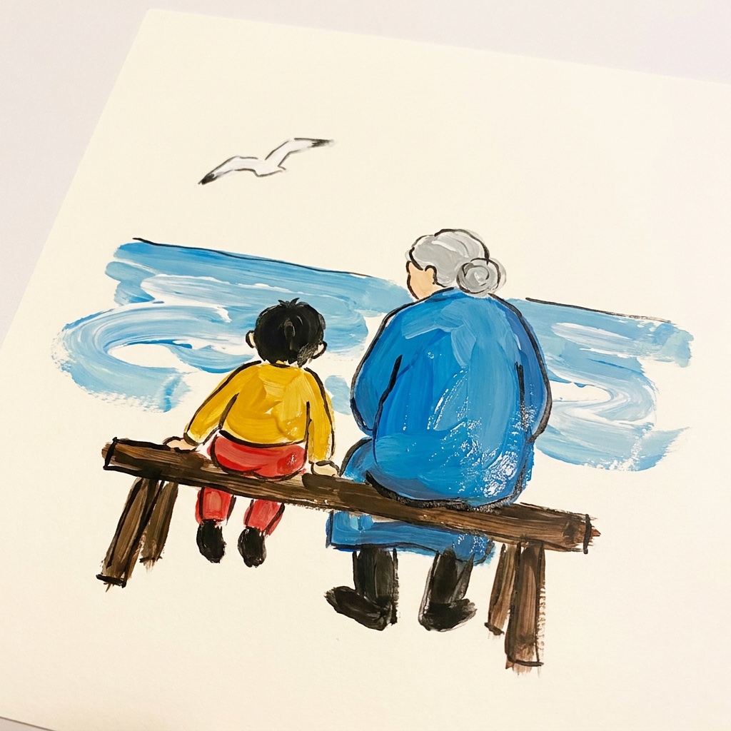 Et barn og et ældre menneske sidder set bagfra på samme bænk og kigger ud over et roligt hav med en enkelt måge på himlen